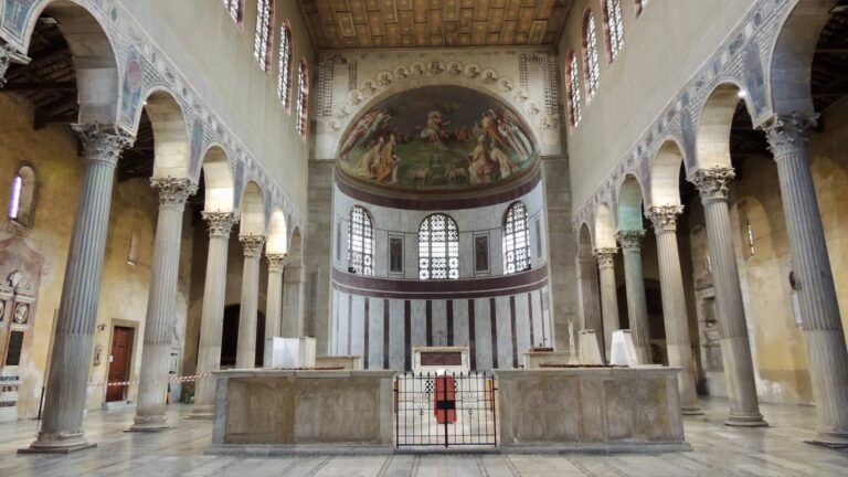 Interior of the Church of Santa Sabina on the Aventine Hill in Rome showing a view towards the apse choir and main altar