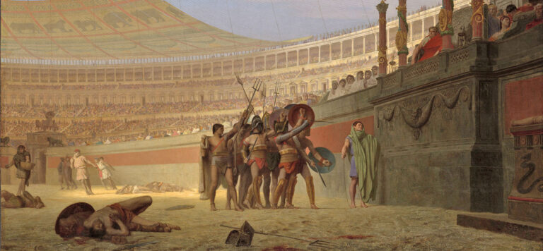 Gerome's painting of gladiators in the colosseum entitled Ave Caesar!