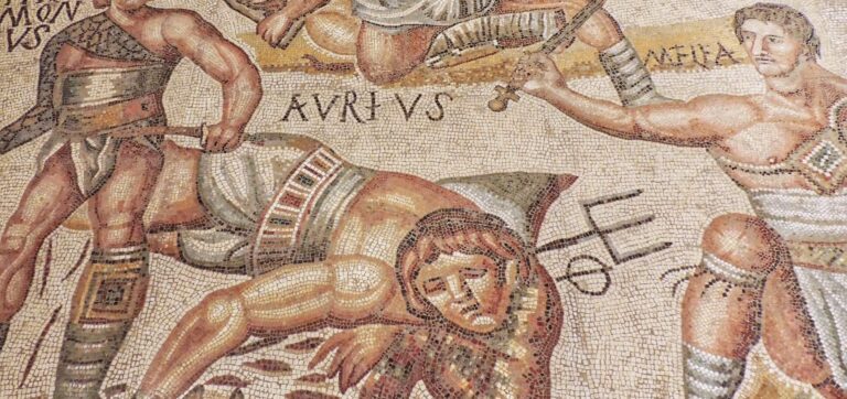 ancient Roman Mosaic depicting gladiatorial combat