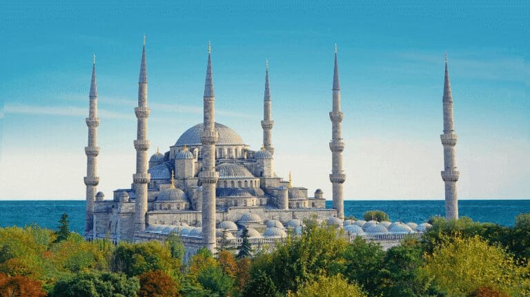 the many minarets of the blue mosque soar into the sky