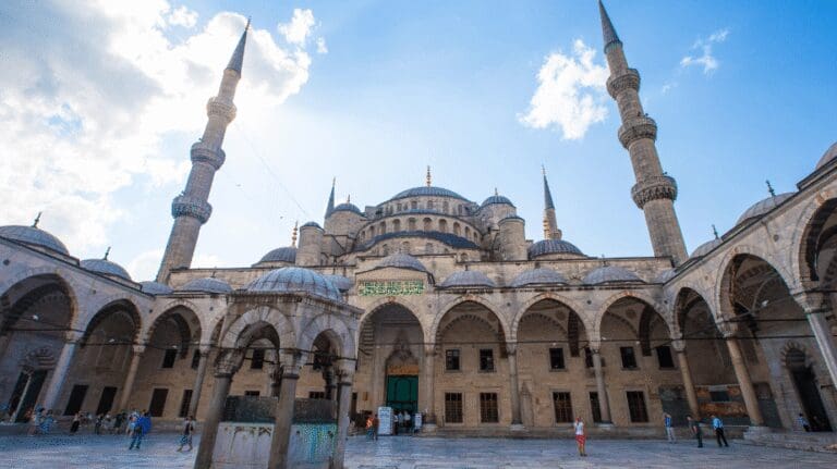 the courtyard of the blue mosque in istanbul