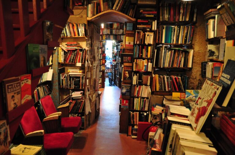 the ramshackle interior of shakespeare and co in paris