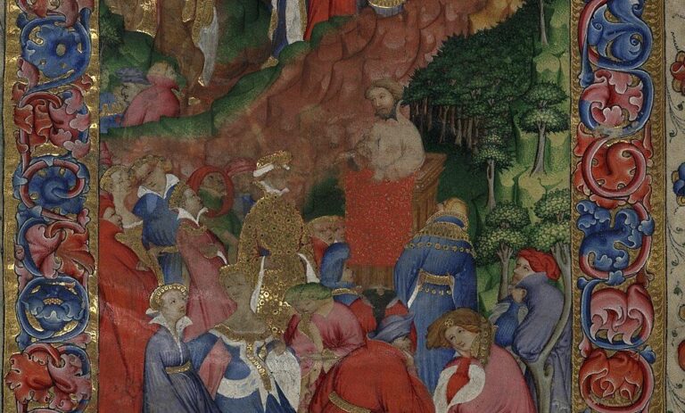 Geoffrey Chaucer on a podium before the king