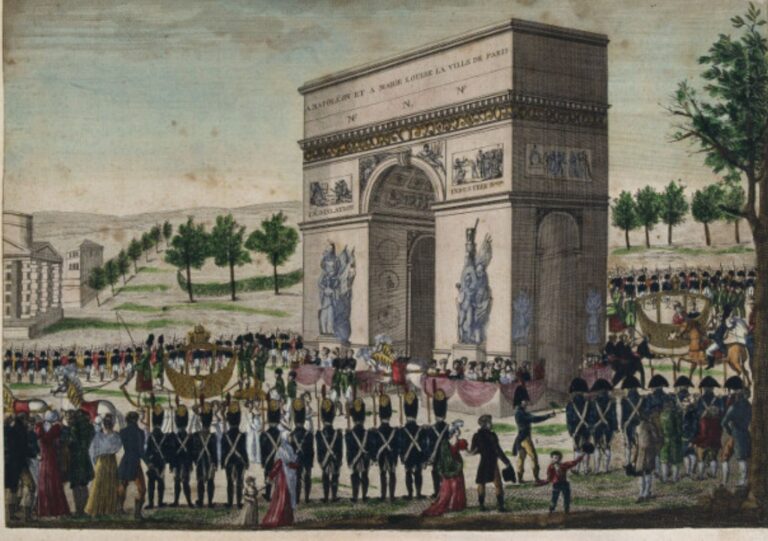 engraving of the arc de triomphe in paris