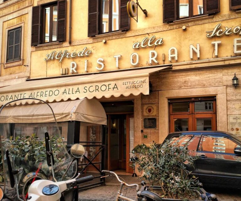 View of the facade of the restaurant of Alfredo alla Scrofa in Rome