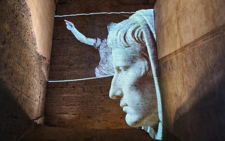 a lightshow depicting the Emperor Augustus in Rome