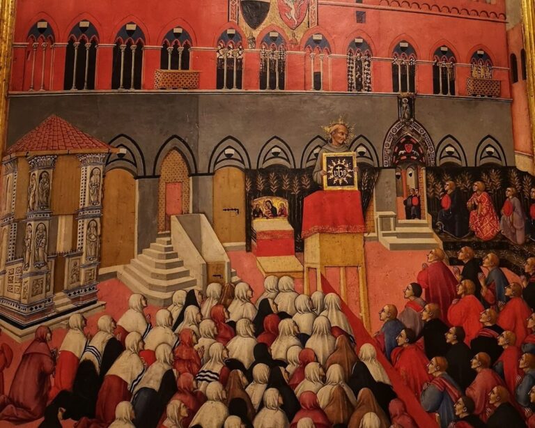 Paintinf showing St. Bernardino preaching in front of Palazzo de Campo in Siena Italy
