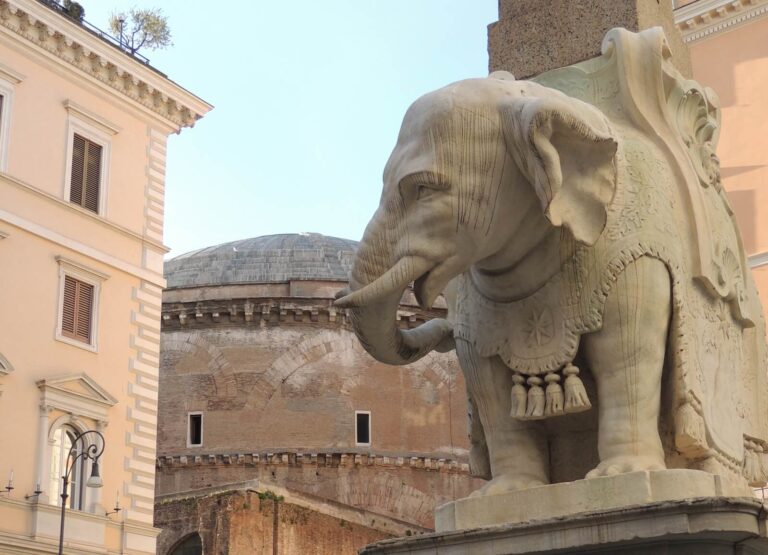 View of Bernini's Elephant with the dome of the Pantheon in the background