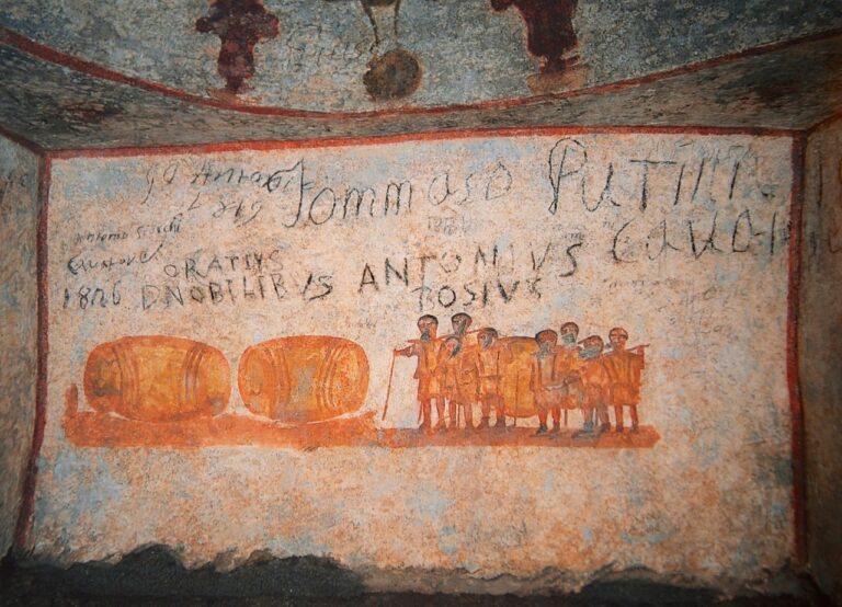 16th-century graffitti by Antonio Bosio on the ancient frescoes in the catacombs of Domitilla in Rome