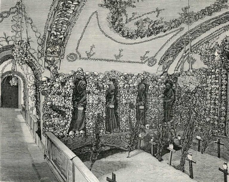 Black and white sketch showing one of the chapels of the Crypt of the Capuchins in Rome, showing robed skeletons of friars in niches made from human skulls