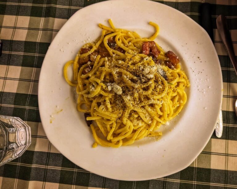 Plate of spaghetti alla carbonara sitting on a table with a green checked tablecloth