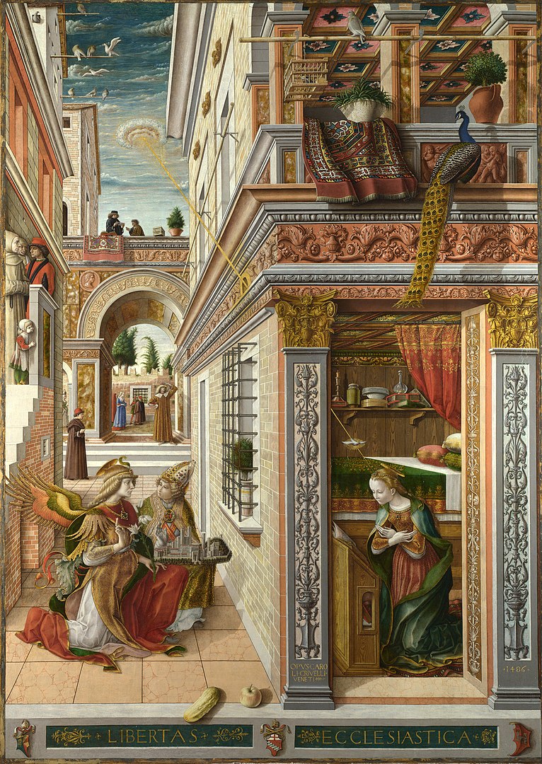 Carlo Crivellis the Annunciation with Saint Emidius, in london's national gallery, painted 1486