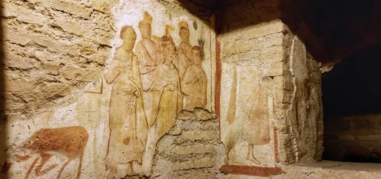 Wall frescoes in the catacombs of Domitilla in Rome