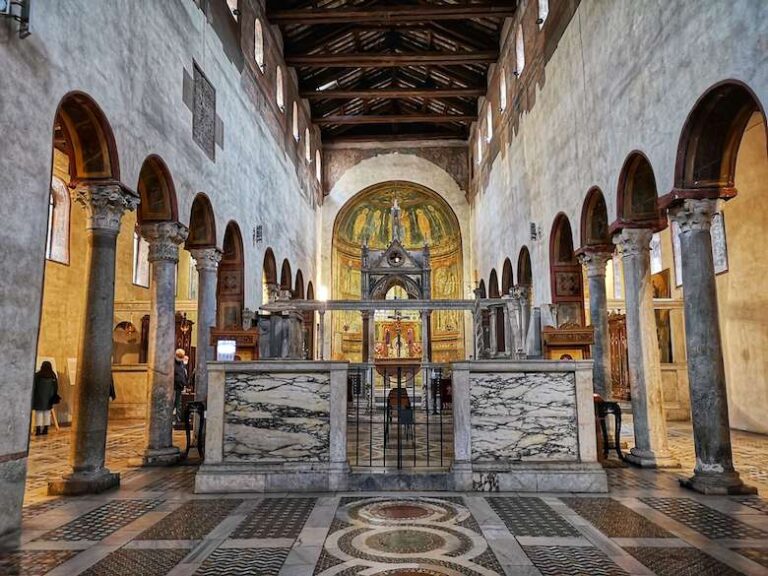 Interior of Santa Maria in Cosmedin Rome with a view to the schola cantorum and main altar