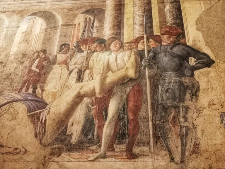 a scene from the legend of saint christopher in the ovetari chapel in padua by andrea mantegna