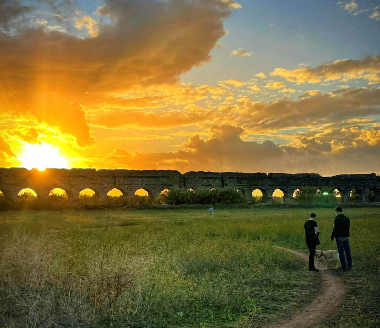 the sunset over parco degli acquedotti in rome