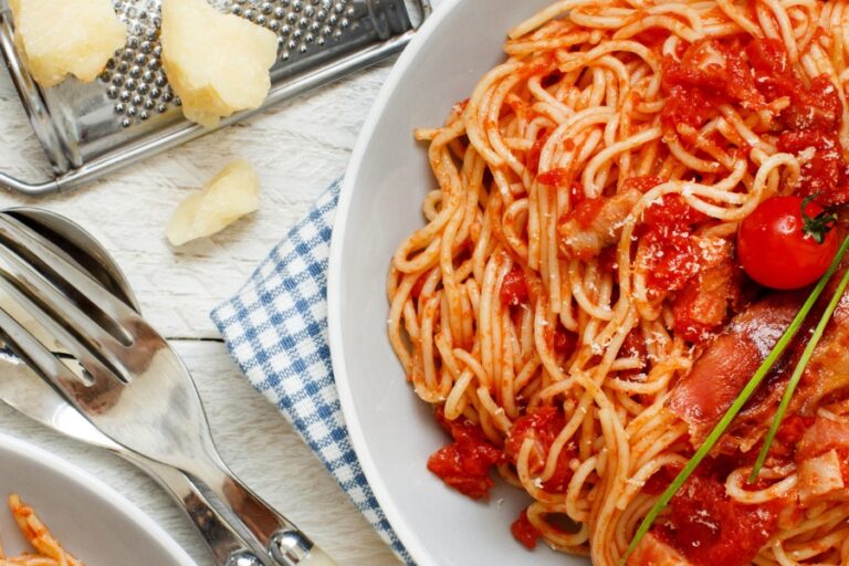 Bowl of pasta all'Amatriciana made with fresh tomatoes