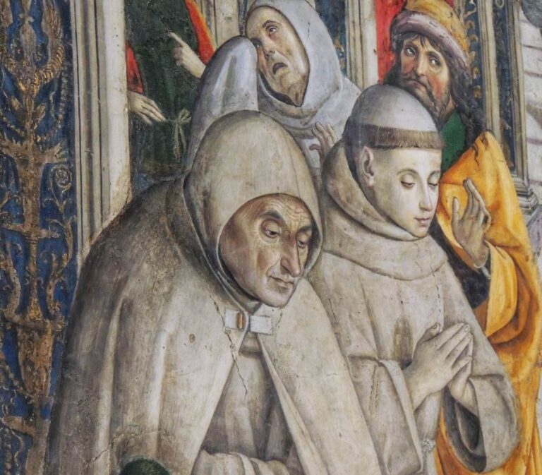 Detail of the death of St. Bernardino fresco in the Bufalini Chapel showing Franciscans bow their hooded and tonsured heads in grief