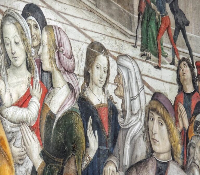 Detail of the fresco of the death of St. Bernardino Fresco in the Bufalini Chapel showing figures who are portraits of the Bufalini family