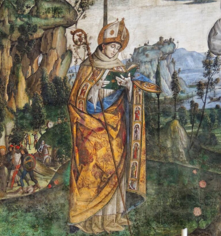 Details of the altar wall fresco of the Bufalini Chapel showing St. Louis of Toulouse