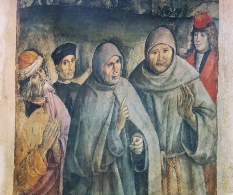 Fresco detail in the Bufalini Chapel showing hooded Franciscan Friars