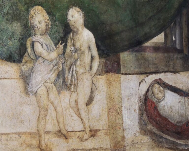 Fresco detail in the Bufalini Chapel showing a swaddled baby and two other infants