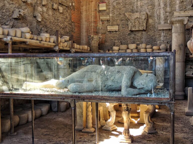 Plaster cast of one of the victims of the eruption of vesuvius at Pompeii in Italy