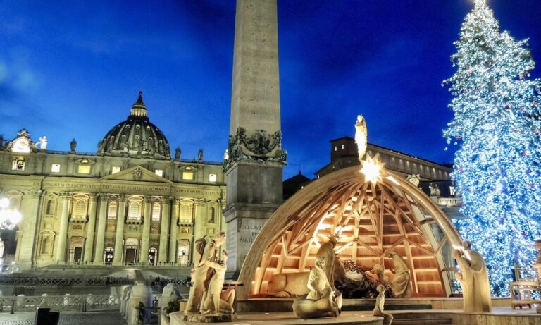 Christmas Tree and Nativity in St. Peter's Square withe the Basilica in the Background