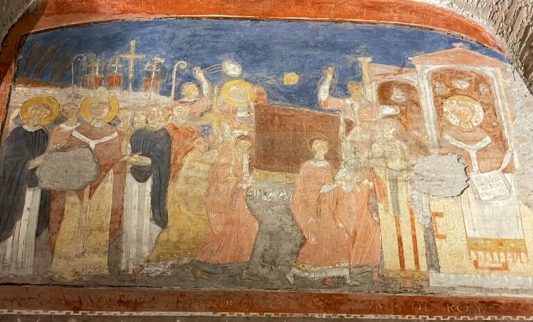 11th century fresco showing The transfer of the remains of St Clement in the lower underground basilica of san clemente in Rome