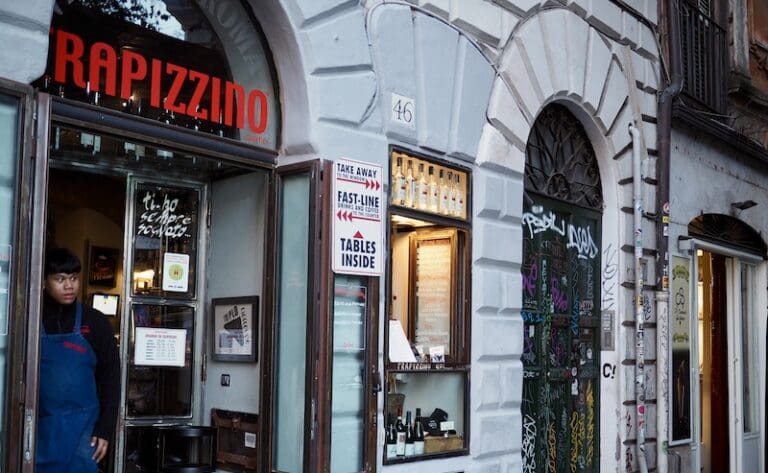 Facade of the Trapizzino shop at one of the outlets in the district of Trastevere in Rome