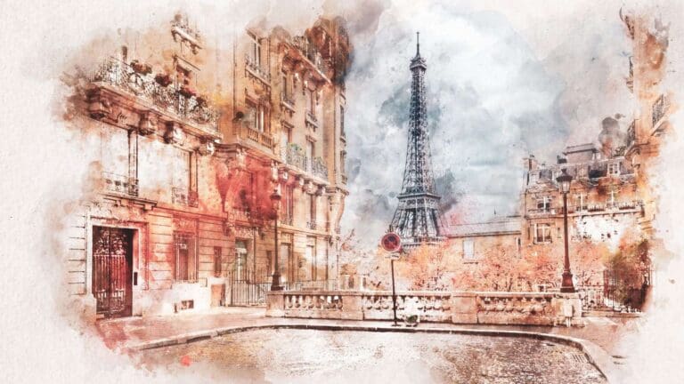 Watercolour of paris with the eiffel tower in the background