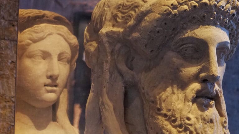 a sculpture depicting the two-faced god janus in the domus tiberiana on the palatine hill in rome