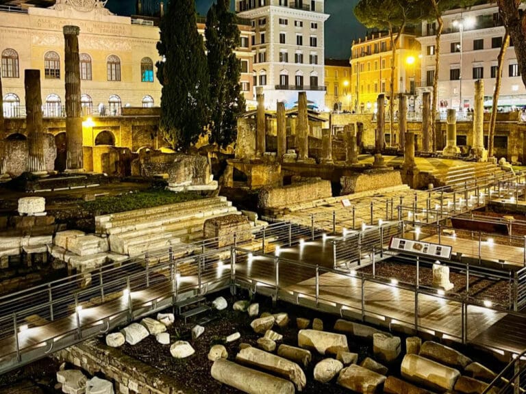 the temples of largo argentina at night in rome