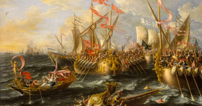 the battle of actium in a painting by laureys castro