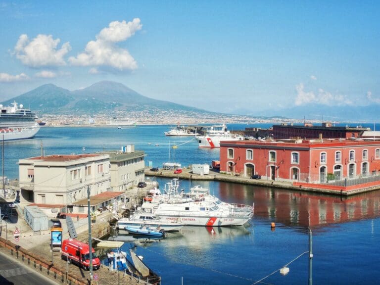 a view over the harbor of naples to vesuvius