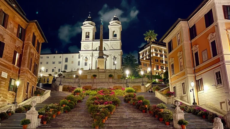 a view of the azaleas on the spanish steps in rome at night