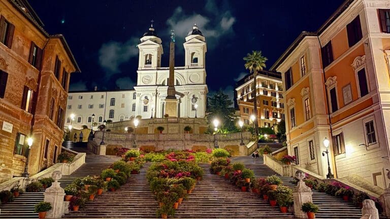 The Spanish Steps adorned with Azaleas late at night