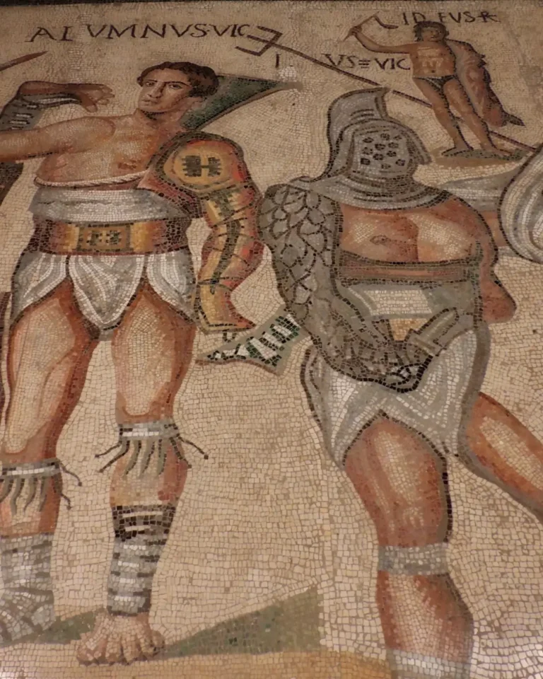 a mosaic from the borghese gallery showing gladiators