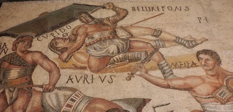 a mosaic from the borghese gallery showing gladiators