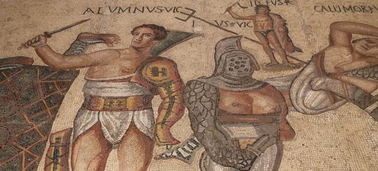 a mosaic from the borghese gallery showing gladiators