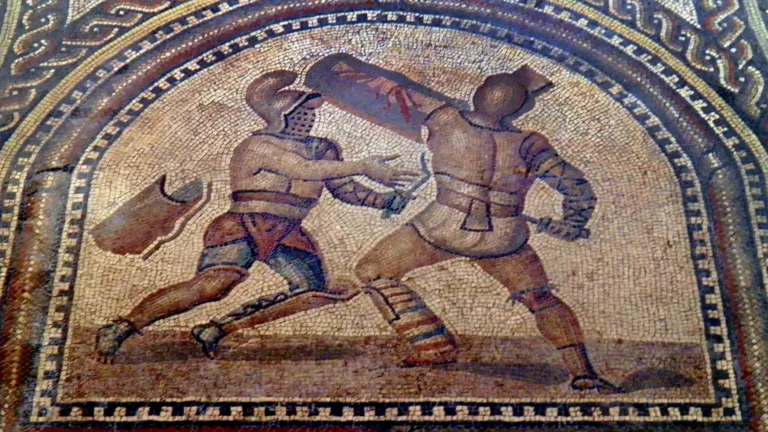 a mosaic depicting a murmillo gladiator