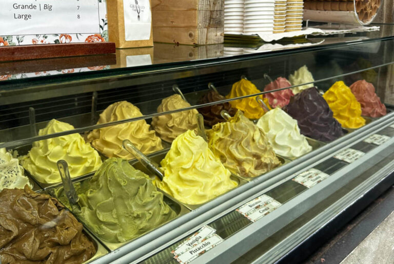 Colourful display of traditional Italian gelato in a gelateria
